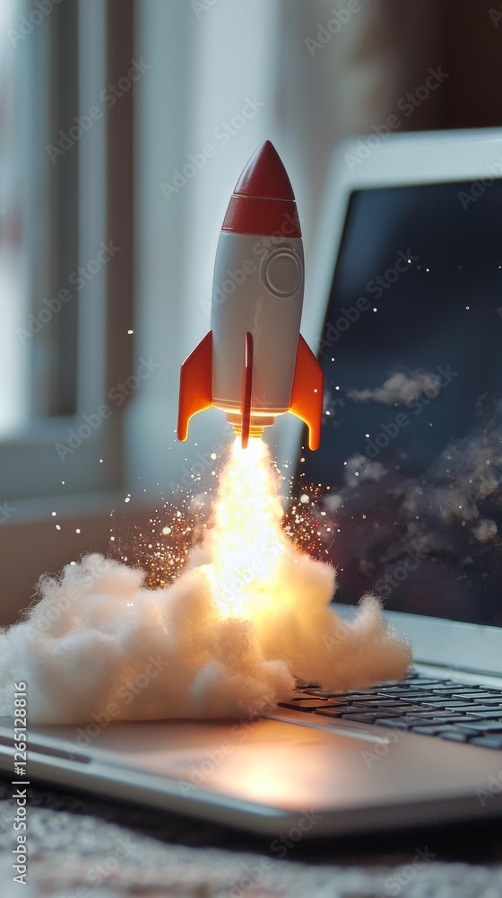 Poster a dynamic rocket is lifting off from a laptop, enveloped in a soft cloud, portraying the thrilling j