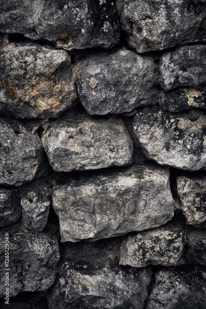 Poster close-up of a rustic stone wall, showing texture and variations in stone color and size.