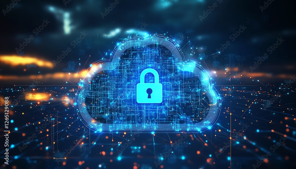 Poster abstract representation of cloud security services, cloud icon with integrated padlock symbol, data 