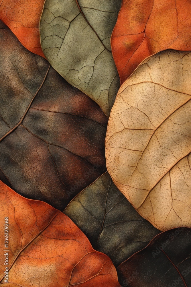 Poster close-up of dried leaves in various autumnal colors and textures, overlapping to create an abstract 