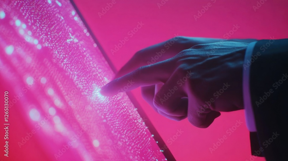 Poster close up of businessman hand using tablet with abstract coding and digital web hologram on pink back