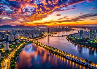 Naklejka premium Seoul Han River Twilight Drone Photography: Stunning Aerial View of City Skyline at Dusk