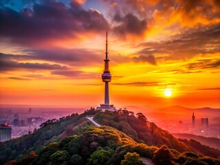 Obraz premium Seoul Namsan Mountain Sunset Silhouette N Seoul Tower South Korea
