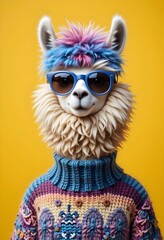 Fototapeta premium alpaca lama character realistic portrait photo, wearing a colorful sweater outfit and sunglasses, yellow vertical background, animal, funny cute