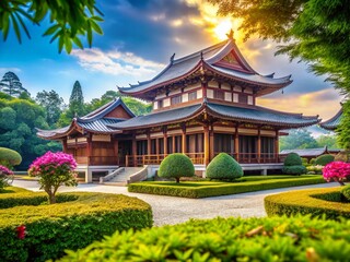 Obraz premium Serene Administration: Buddhist Temple Office Building Candid Photo