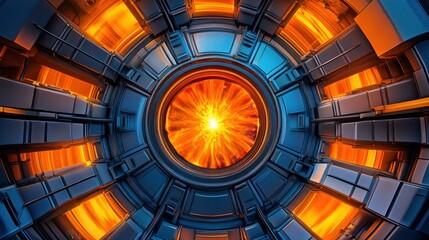 Arc furnace chamber glowing bright with plasma energy, casting sharp colorful contrasts on a dynamic industrial scene