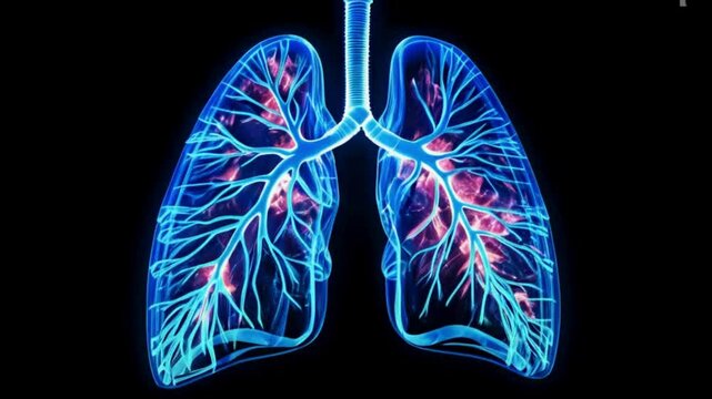 Human Lungs Anatomy: An illustration of human lungs with glowing blue veins.


