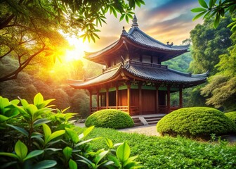 Fototapeta premium Serene Asian Temple in Lush Greenery: Peaceful Spiritual Retreat Stock Photo