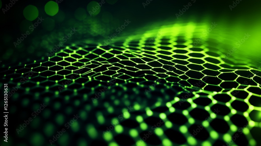 Poster abstract green hexagonal pattern with glowing effects, creating a futuristic digital landscape