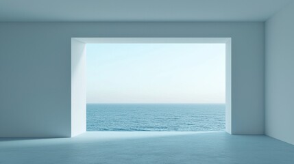 Open window revealing tranquil sea view with soft daylight streaming in