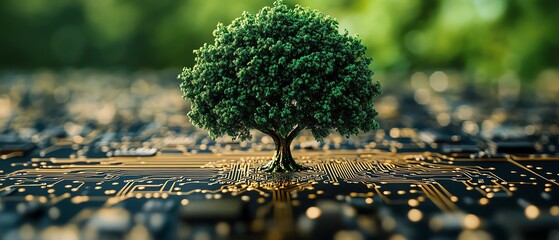 Digital tree growing at the center of a computer circuit board