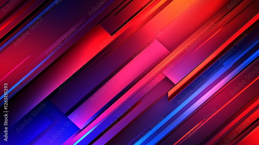 Poster vibrant abstract design featuring dynamic diagonal lines in red and blue hues, ideal for backgrounds