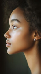 Fototapeta premium Close-up profile of a young woman with curly hair, wearing a diamond earring, showcasing elegance, beauty, and luxury in soft lighting, highlighting smooth skin and facial features.