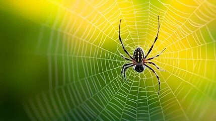 Close-up of a spider on its intricate web against a blurred green and yellow background