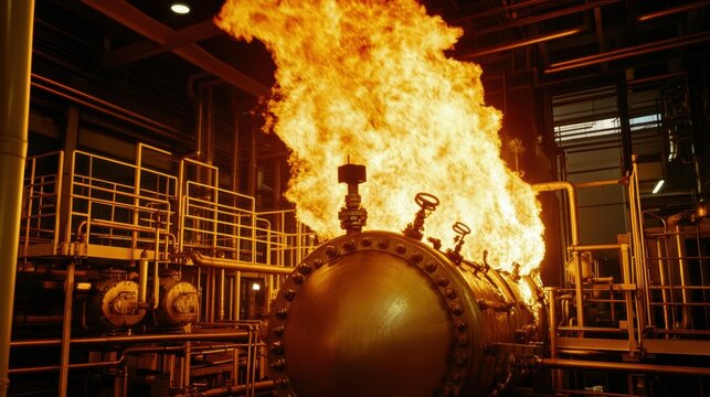 Bright orange flames erupting from a failed high-pressure boiler, metal fragments scattering
