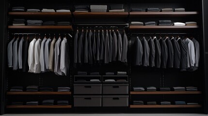 Modern minimalist walk-in closet with neatly organized clothing