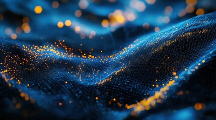 Creative glowing polygonal mesh on dark blue background. Innovation and technology concept. 3D Rendering