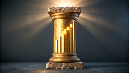 Golden Financial Column with Rising Bar Graphs and Bright Light Reflection