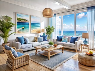 Fototapeta premium Serene Coastal Living Room: Whitewashed Walls, Rattan Furniture, Blue Accents, Ocean View