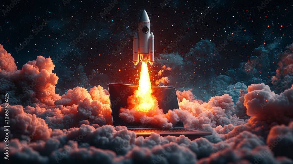 Poster a futuristic rocket is depicted launching from a laptop, surrounded by colorful clouds in a cosmic s
