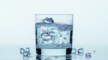 Condensation forming on a glass of ice water due to temperature contrast, on a white background