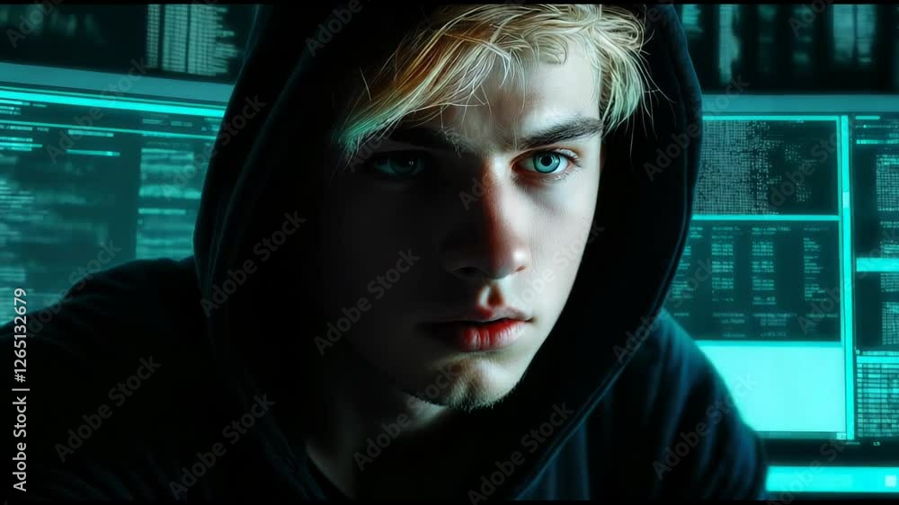 Poster a young caucasian hacker with blonde hair and a hoodie intensely gazes at multiple computer screens 