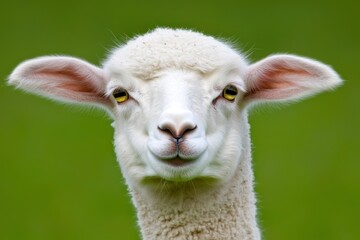 Obraz premium Adorable White Sheep Lamb Close Up Portrait Fluffy Wool Farm Animal
