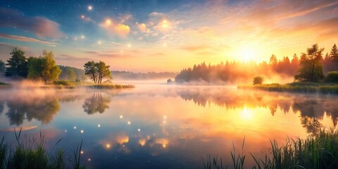 Obraz premium Serene Dawn Lake Mist: Breathtaking Bokeh Landscape Photo