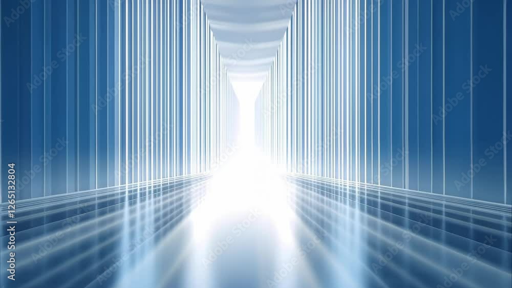 Poster a bright, illuminated corridor or tunnel with reflective surfaces and vertical lines, creating a fut