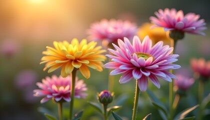 Fototapeta premium Vibrant pink and yellow flowers blooming in sunlight