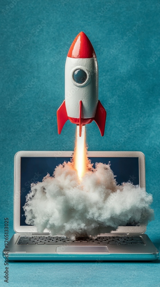 Poster this imaginative scene captures a rocket launching from a laptop, surrounded by soft clouds, epitomi