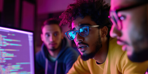 Three Men Reviewing Computer Code on Monitor