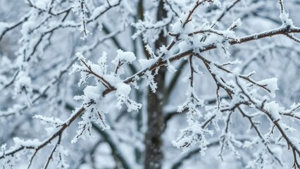 Frosty branches with snowflakes gently falling around the tree, snowflakes, winter wonderland