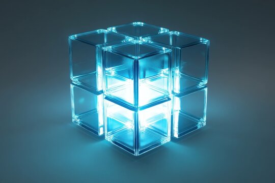 Transparent blue glass cubes arranged in a glowing structure, symbolizing creativity, innovation, and modern design, perfect for tech and abstract concepts