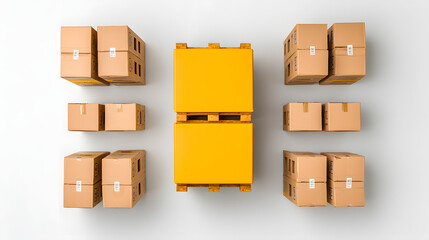 Large warehouse floor with stacked pallets and cardboard boxes arranged neatly. vibrant yellow pallets contrast with brown boxes, creating organized and efficient storage space