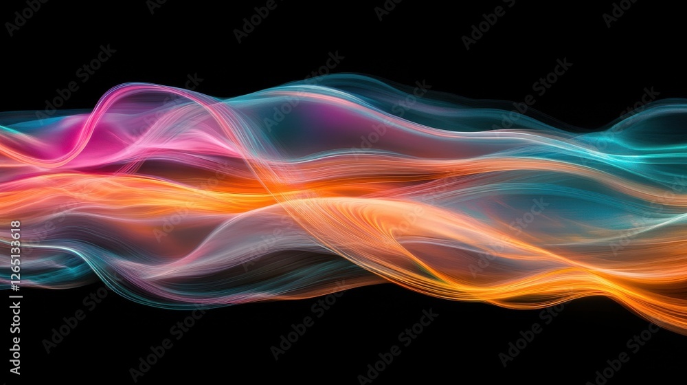 Poster abstract colorful waves of light against a dark background, featuring flowing lines in vibrant orang