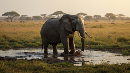 Obraz premium An AI-generated image depicts an endangered African elephant traversing a muddy savannah, creating splashes of mud as it moves
