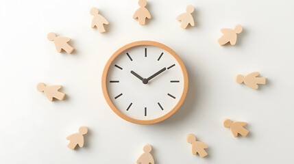 Time management concept with clock and wooden figures