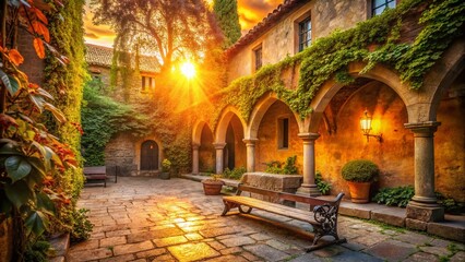 Fototapeta premium Serene Italian Abbey Courtyard Sunset - Ivy Covered Stone Walls, Golden Hour Photography