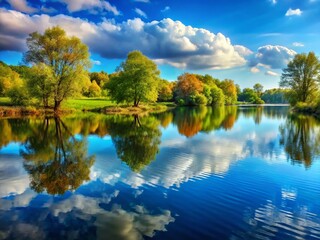 Fototapeta premium Serene Lake Landscape: Peaceful Blue Sky, Tranquil Water, Lakeside Trees