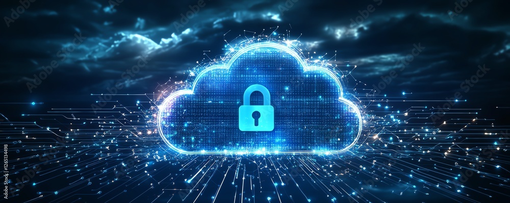 Poster stylized cloud security illustration, cloud icon with integrated padlock symbol, representing cybers
