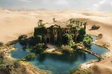 a house in the desert and a small lake in the yard