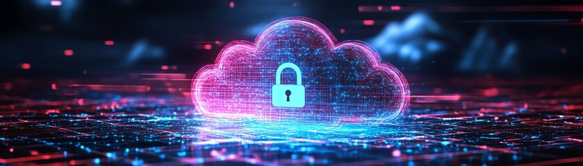 Stylized cloud security icon, abstract illustration of cloud with secure padlock symbol, representing data protection, cybersecurity in cloud environments, futuristic tech design