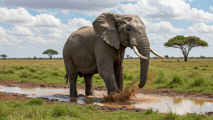 Obraz premium AI generated Endangered African elephant walking in wet savannah, splashing mud