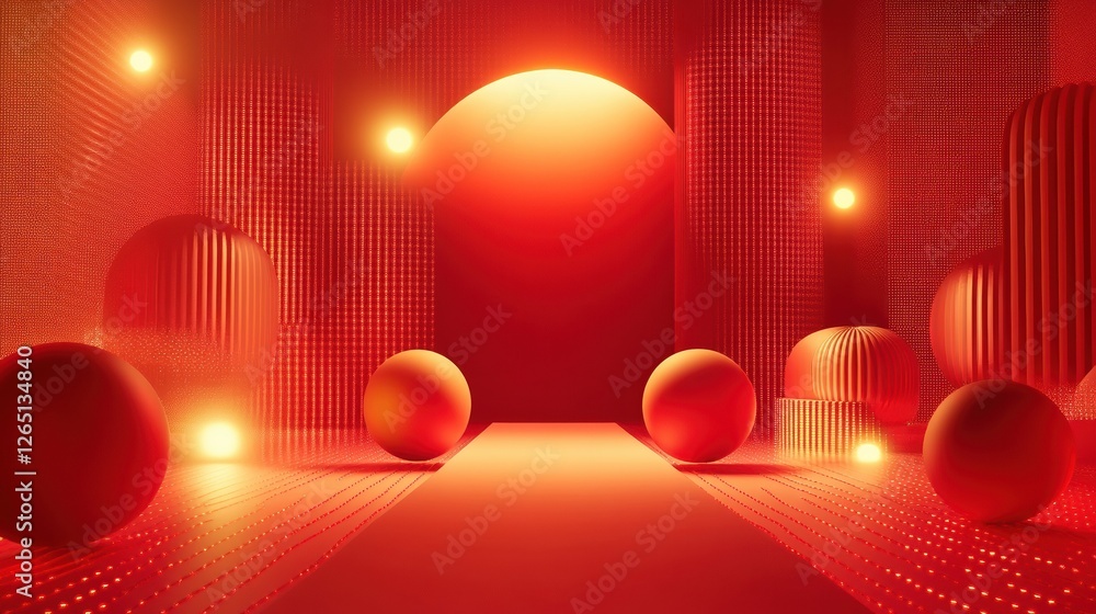 Poster abstract red background with glowing particles and geometric shapes.
