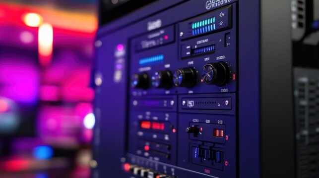 A closeup view captures the connection ports and control buttons of a high dynamic range monitor. Behind it multiple color calibration tools and reference charts are neatly arranged