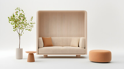 Fototapeta premium modern modular living space featuring cozy sofa with wooden backdrop, stylish round ottoman, minimalist side table, and decorative indoor plant, creating serene atmosphere