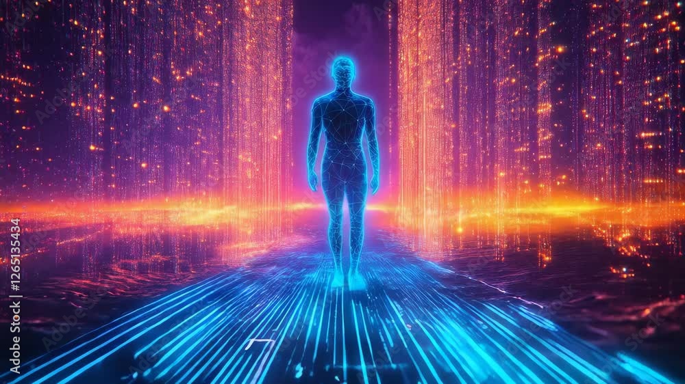 Poster man silhouette in futuristic digital landscape with glowing circuits and data streams. metaverse con