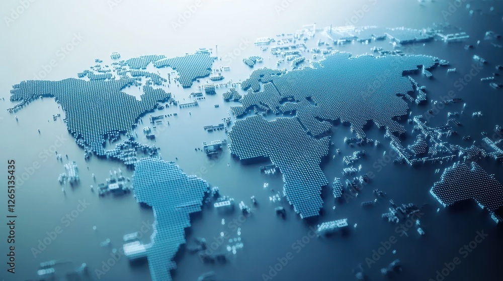 Poster a blue pixelated world map is depicted on a white background with light gradient effects, representi