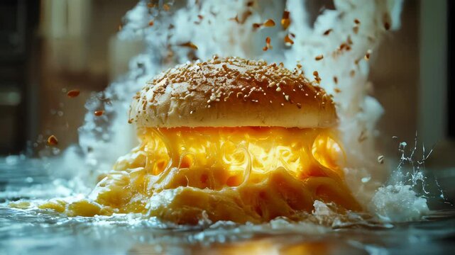 A dramatic explosion of a cheeseburger with molten cheese bursting out, resembling a fiery eruption, creating a surreal food art concept